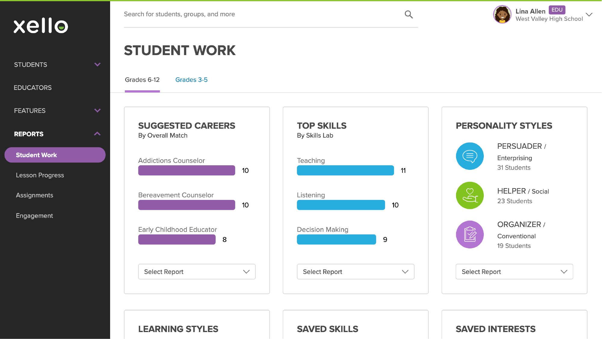 Reports page in Xello with option to run Student Work reports